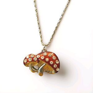 24" Women's Necklace  Silver Tone Chain W/ Rhinestone Mushroom Pendant